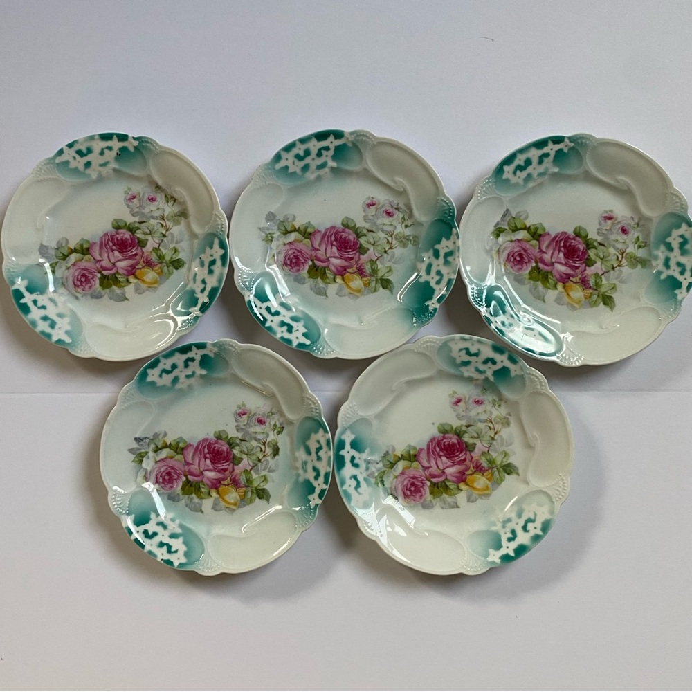 Germany Dessert Plate Set Of 5 Pink Roses Aqua Trim EUC Antique? Vintage 6”